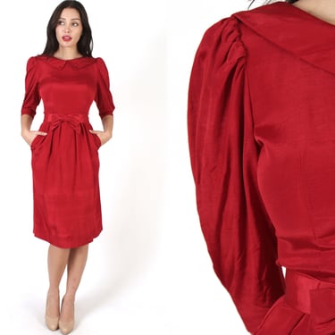 Lanz Original Red Holiday Party Pencil Dress With Pockets, Vintage 70s Belted Christmas Theme Wiggle Frock 