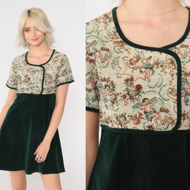 Vintage 90s Velvet Tapestry Dress Cherub Print Double Breasted Green Button Up Empire Waist Short Sleeve 1990s Babydoll Extra Small xs 