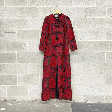 Vintage Tapestry Coat Retro 1970s The Villager + Size 16 + Asian Inspired + Robe + Red + Evening Coat + Duster + Maxi Length + Frog Closure 