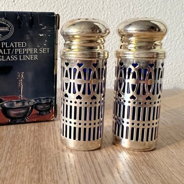Vintage 80s Paul Revere Silversmiths Silver Plated Salt & Pepper Set Cobalt Blue Glass Liner | Filigree Case | Original Box | 2 Shakers Set 