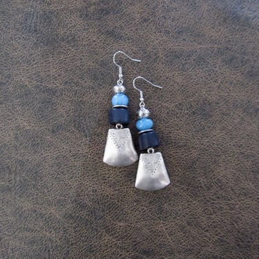 Blue statement earrings, agate and silver Afrocentric dangle earrings, mid century modern earrings, chic earrings, African earrings bold 