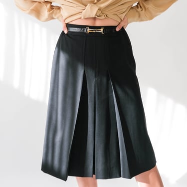 Vintage 80s CELINE PARIS Black Gabardine Pleated Skirt w/ Leather & Metal Horsebit Accent | Made in France | 1980s French Designer Skirt 