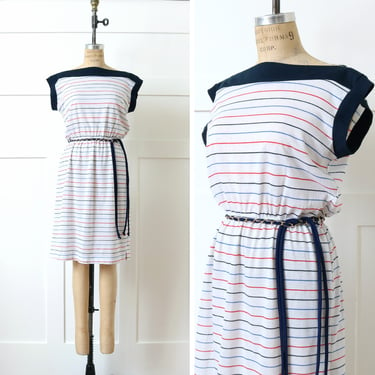 vintage 1970s ~ early 1980s casual dress • cute t-shirt material striped white sleeveless dress 