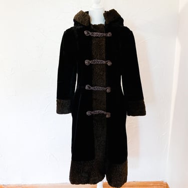 60s Black and Brown Faux Fur Borg Hooded Coat with Frog Closures | Small/Medium 