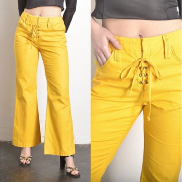 Vintage 1970s Pants / 70s Lace Up Cotton Flares / Yellow ( S M ) 