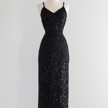 Vintage Black Beaded Silk Evening Gown / Small