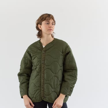 Vintage Green Liner Jacket | Unisex Wavy Quilted Nylon Coat | L XL | LI154 