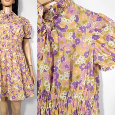 Vintage 60s Floral Cotton Ruffle Collar Mini Dress Size M 
