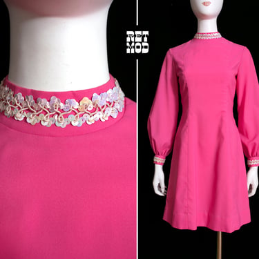 Gorgeous Vintage 60s 70s Pink Go-Go Dress with White Sequin Trim 