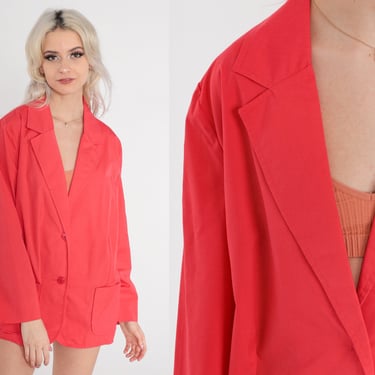 Coral Red Blazer 90s Button up Jacket Low Neck Deep V Simple Cotton Blend Work Formal Office Professional Chic Plain Vintage 1990s 40 Medium 