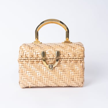 Vintage 1950s Natural Wicker Structured Handbag with Gold Tone Hardware and Top Handle 