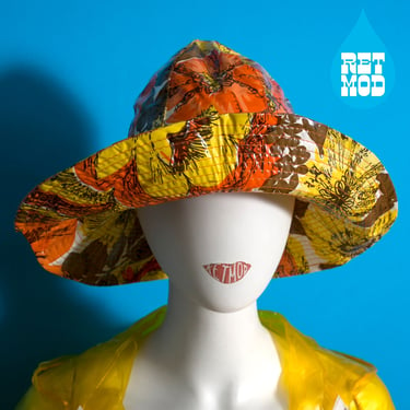 NWOT Beautiful Mod Vintage 60s 70s Orange Yellow Brown Flower Power Rain Wide Brim Hat 
