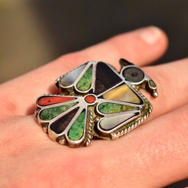 Vintage Zuni Native American Multi-Stone Inlay Thunderbird Ring, Silver, Mother of Pearl, Jet, Coral, Turquoise, Size 6 US 