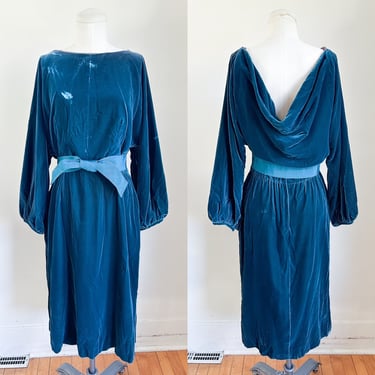 Vintage 1970s Victor Costa Peacock Green Velvet Gown / S 