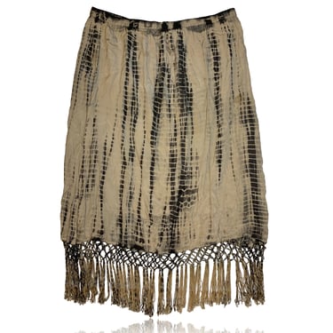 Black and Tan Tie Dye Fringe Midi Skirt // Size XL 