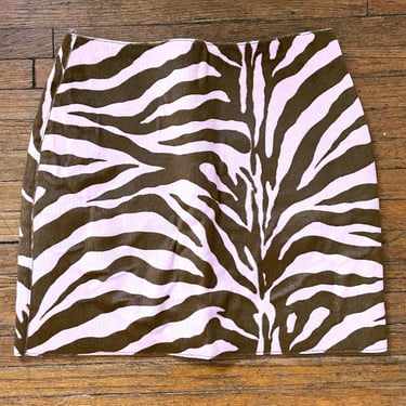 Vintage Y2K High Waisted Pink and Brown Leather Zebra Print Mini Skirt 
