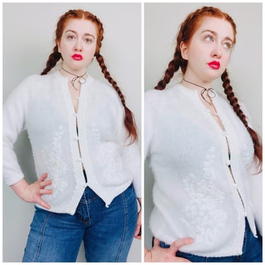 1960s Vintage Grants Faux Mohair Fuzzy Sweater / 60s / Sixties Acrylic White Flower Embroidered Cardigan / Medium 