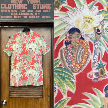 Vintage 1940’s Custom Frank McIntosh Hula Maiden Rayon Hawaiian Tunic Top, Vintage Rayon, Hawaiian Print, Tiki Print, Tropical, 1940’s Top 