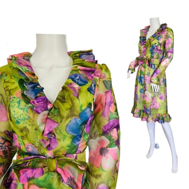 1960's Lime Green Chiffon MOD Floral Mini Dress I Sz Med I Samuel Spiegel 