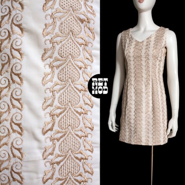 Lovely Vintage 50s 60s White & Light Brown Intricate Embroidery Sleeveless Cotton Dress 