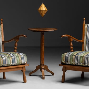 Carved Oak Armchairs in Christopher Farr Fabric