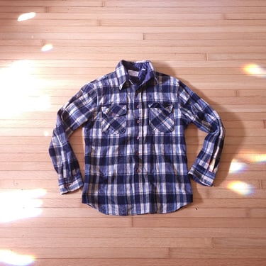 Vintage 1970's Sears Blue Wool Flannel Plaid Shirt / Men's XS to S / Hunting 