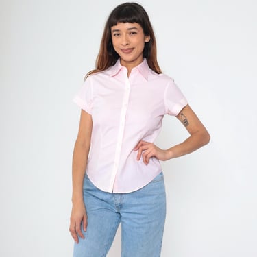 90s Baby Pink Blouse Brooks Brothers Button Up Shirt Retro Plain Simple Short Sleeve Cotton Top Pastel Casual Vintage 1990s 2P XS Petite 