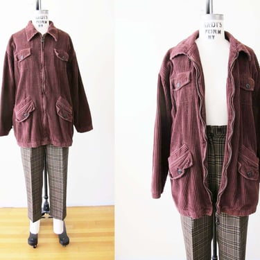 Vintage 90s Corduroy Jacket Plum Brown S M  - 1990s Chunky Cord Pocket Jacket Zip Up - Earth Tone Grunge Whimsigoth Style 