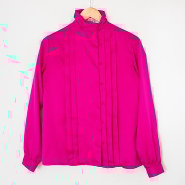 La Blouse | Vintage 80s Magenta Long Sleeve High Neck Blouse | Size 8, Classic, Preppy, Feminine / Hot Pink, Button Down, Casual, Fancy 