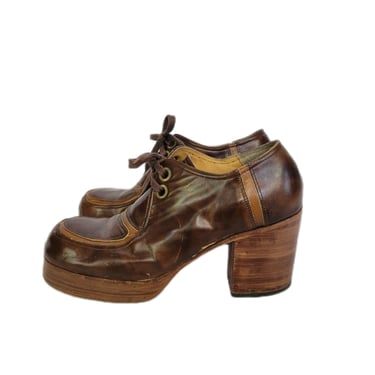 Brown 70s Platforms Regal 1970's Brown Leather Stacked Wood Heel