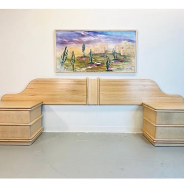 1990’s Danish Modern Bleached Oak King or Queen Headboard and Nightstands, Postmodern Bed and other Nightstands 