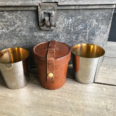 Leather Travel Cups, English, Leather Case, Stirrup Cup Set of 2, Gold Wash, Silver Metal, Edwardian Era, Made in England 