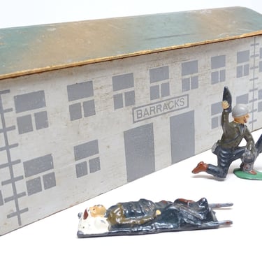 Antique 1940's Lead Toy Soldiers, Military Wooden Barracks, Vintage Army War Figures Made in England 
