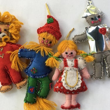 70's Wizard Of Oz Hand Made Felt Ornaments, Large Size Christmas Ornaments, Set Of 4, Dorothy, Tin Man, Cowardly Lion, Scarecrow 