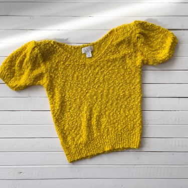 yellow sweater | 80s vintage bright canary yellow puff sleeve hand knit short sleeve sweater 