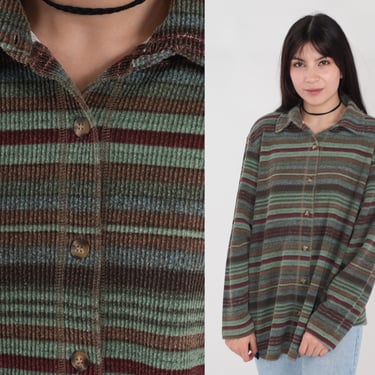 Striped Shirt 90s Button up Shirt Retro Ribbed Grunge Top Long Sleeve Boyfriend Button Down Basic Dark Green Red Grey Vintage 1990s Large L 