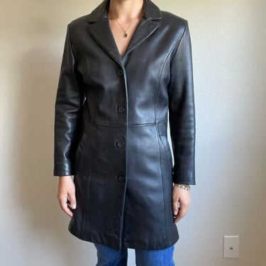 Vintage 90s Womens Adler Black Lambs Leather Knee Length Coat Jacket Sz PS 