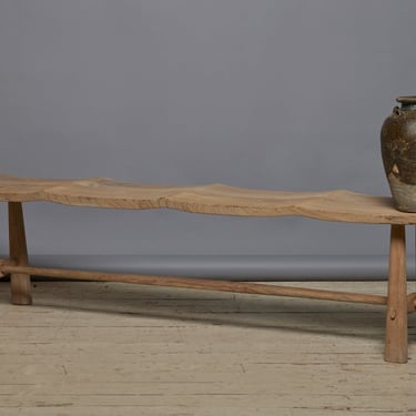 Long Teak Bench with a Sculpted Seat & Scrolled Ends