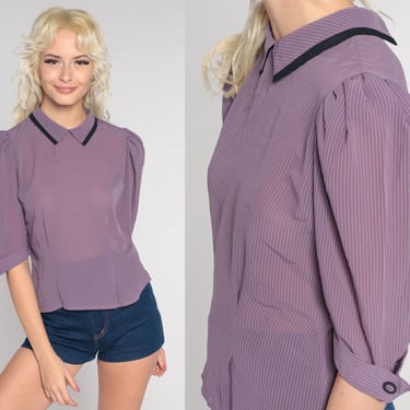 80s Puff Sleeve Blouse Purple Striped Shirt Semi-Sheer Button Back Shirt Peter Pan collar Top Vintage Short Sleeve Blouse Retro 1980s Small 