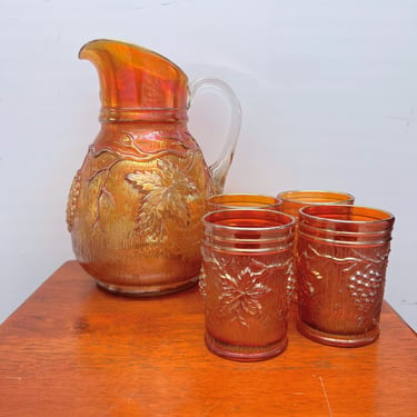 Vintage Dugan Vineyard Marigold Carnival Glass Water Pitcher and Tumblers 