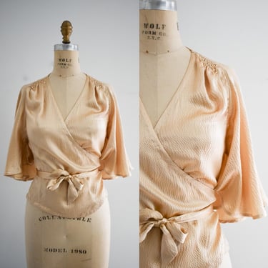 1930s Style Flutter Sleeve Silk Blouse 