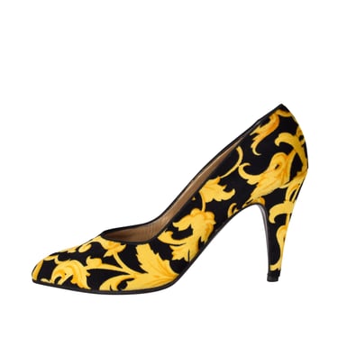 Gianni Versace Vintage Early 1990s Black and Yellow Baroque Print Velvet Pumps