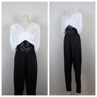 Vintage 1980s jumpsuit beaded sequin jersey evening party formal cocktail disco 