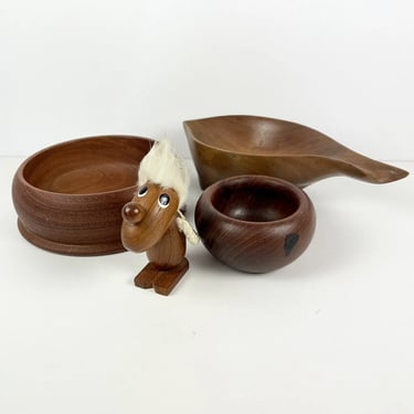Mid Century Modern Teak / Walnut Wood Danish Bowls & Figurine Hair Man Vintage