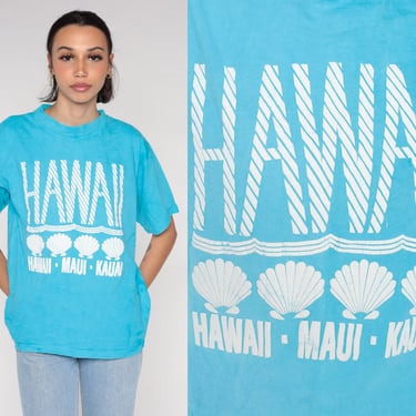 Hawaii T-Shirt 80s Maui Kauai Tshirt Blue Beach Tropical Shirt Shell Graphic Tee Retro Tourist Travel Single Stitch Vintage 1980s Medium 
