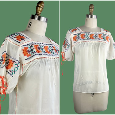 NICE FOLKS Vintage 60s Floral Embroidered Mexican Blouse | 1960s Sheer Hand Embroidery Peasant Top l 70s 1970s Folk Mexico | Size Small 