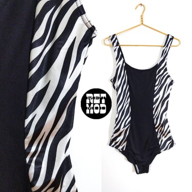 Cool Vintage 80s 90s Black White Animal Print One-Piece Swimsuit 