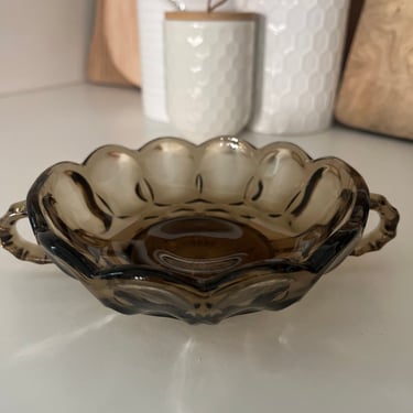 Vintage Smoke Brown Anchor Hocking Fairfield Nappy Double Handled Dish 