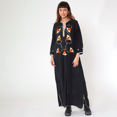 Vintage Caftan Maxi Dress Black Floral Embroidered Long Sleeve Dress Boho Y2K Bohemian Hippie Festival Kaftan 00s Medium M 