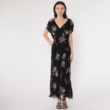 Vintage 90s black floral maxi dress purple iris print Starina short sleeve v-neck flowing boho dress rayon long dress grunge 1990s Large L 